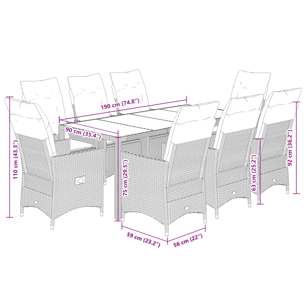 Set da Pranzo da Giardino 9 pz con Cuscini in Polyrattan Grigio | homemem39