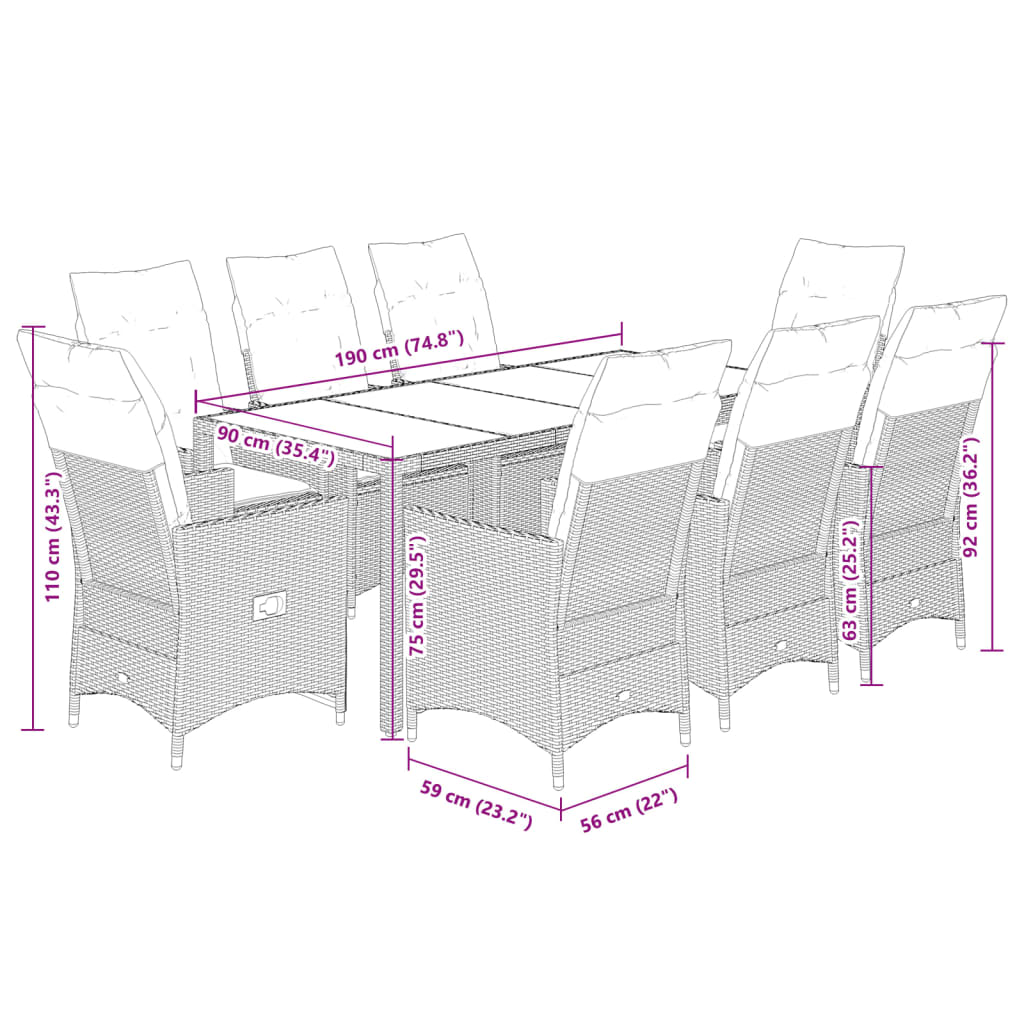 Set da Pranzo da Giardino 9 pz con Cuscini in Polyrattan Grigio | homemem39