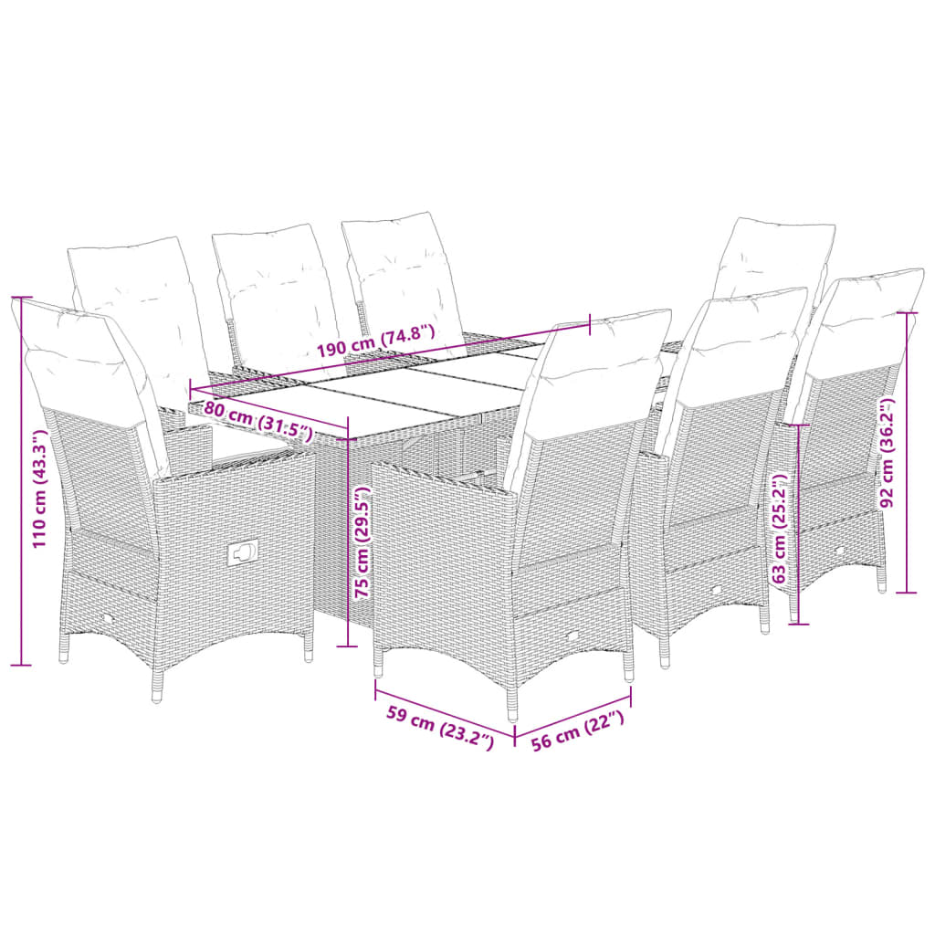 Set da Pranzo da Giardino 9 pz con Cuscini in Polyrattan Grigio | homemem39
