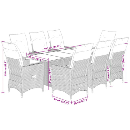 Set da Pranzo da Giardino 9pz con Cuscini Marrone in Polyrattan