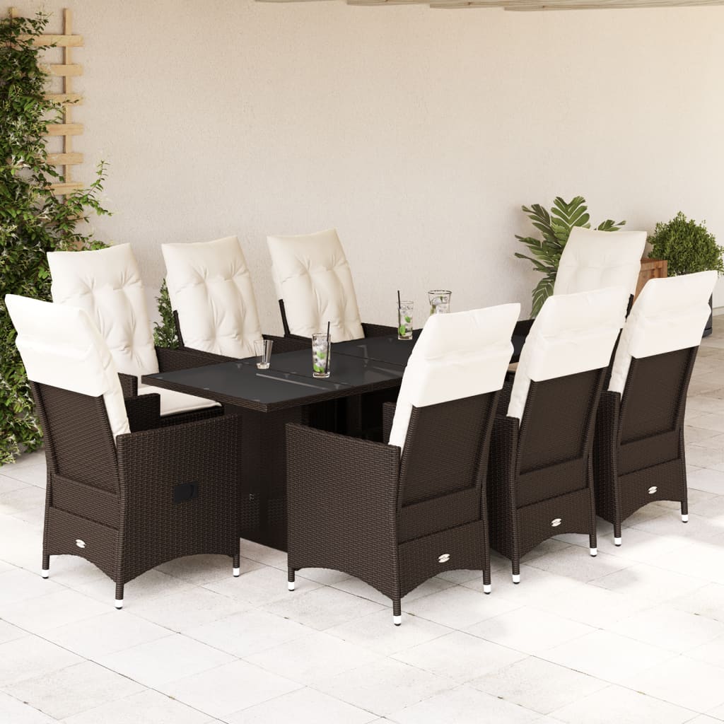 Set da Pranzo da Giardino 9pz con Cuscini Marrone in Polyrattan