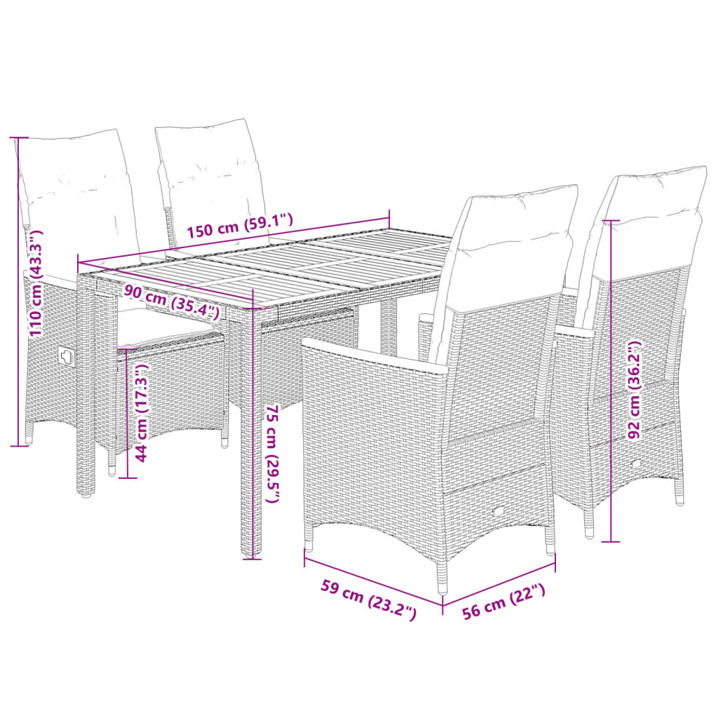 Set da Pranzo da Giardino 5 pz Nero con Cuscini in Polyrattan | homemem39