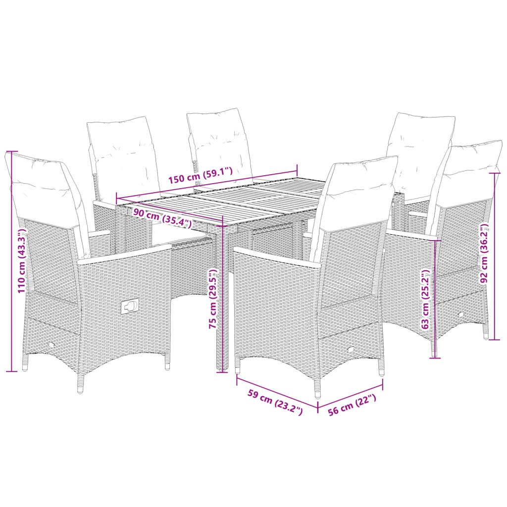 Set da Pranzo da Giardino 7 pz Nero con Cuscini in Polyrattan | homemem39