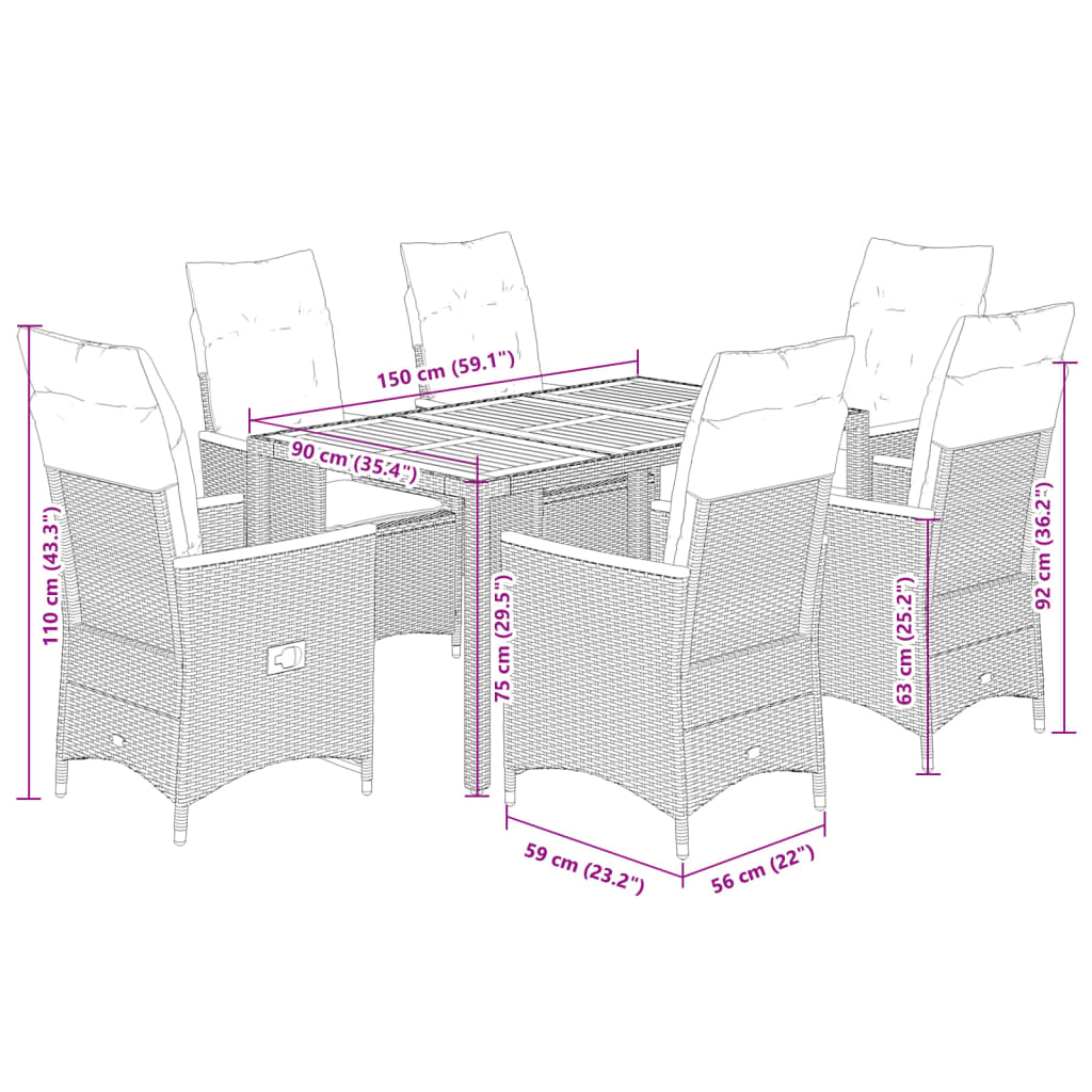 Set da Pranzo da Giardino 7 pz Nero con Cuscini in Polyrattan | homemem39