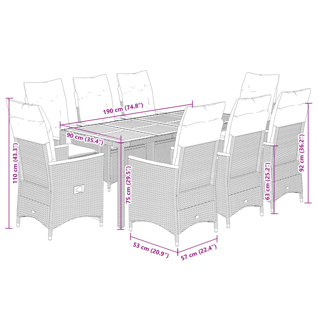 Set da Pranzo da Giardino 9 pz con Cuscini Nero in Polyrattan