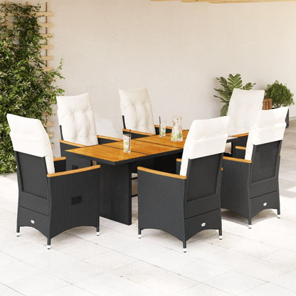 Set da Pranzo da Giardino 7 pz Nero con Cuscini in Polyrattan