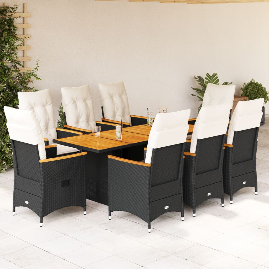 Set da Pranzo da Giardino 9 pz con Cuscini Nero in Polyrattan | homemem39
