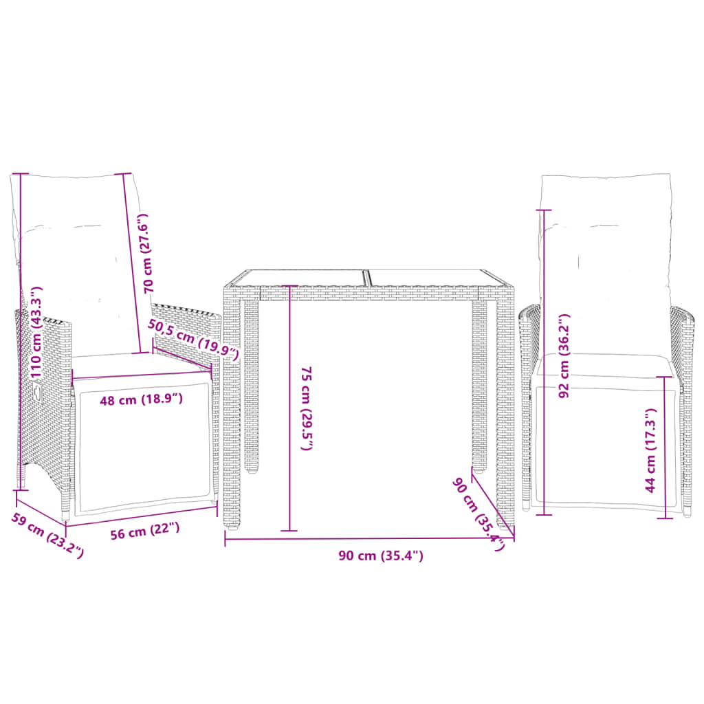 Set da Bistrò 3 pz con Cuscini Nero in Polyrattan - homemem39