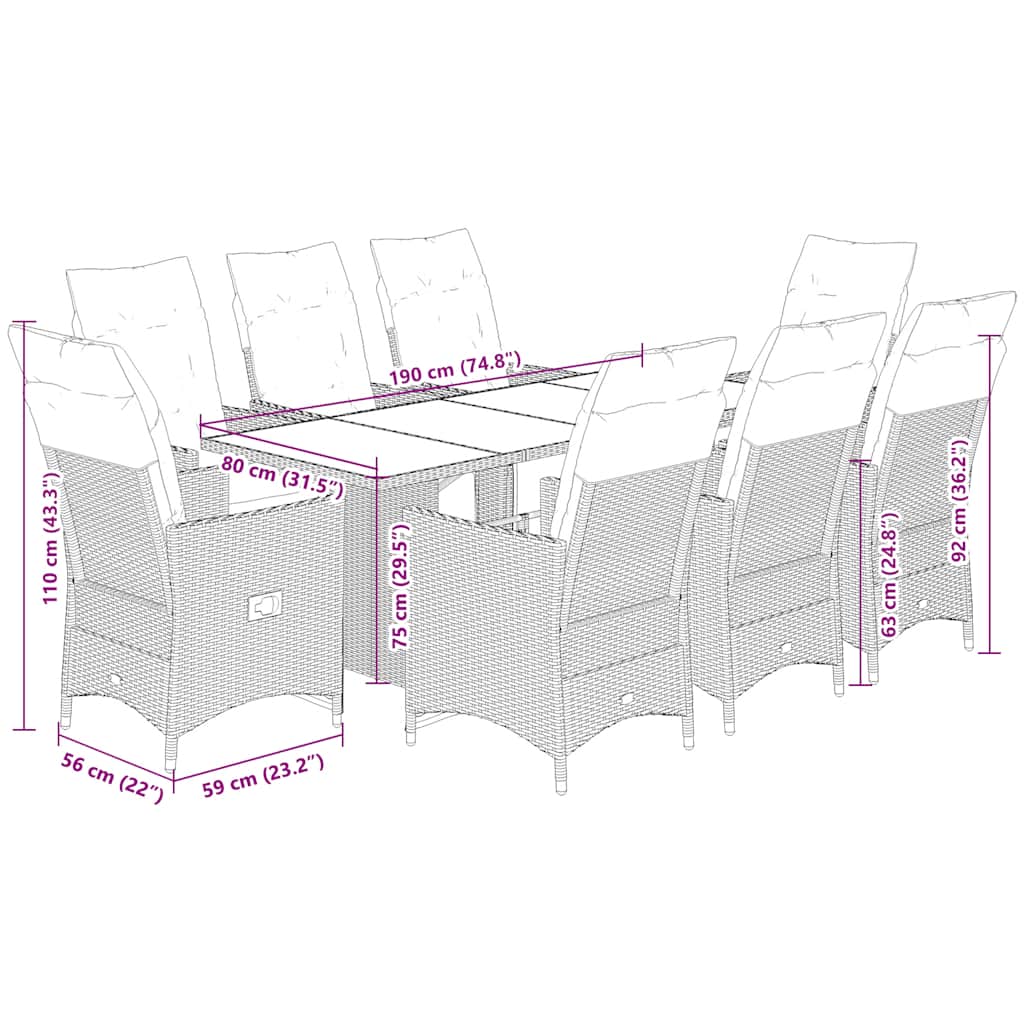 Set da Pranzo da Giardino 9 pz con Cuscini Nero in Polyrattan | homemem39