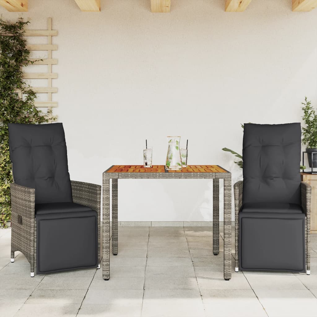 Set Bistrò da Giardino 3 pz con Cuscini in Polyrattan Grigio - homemem39