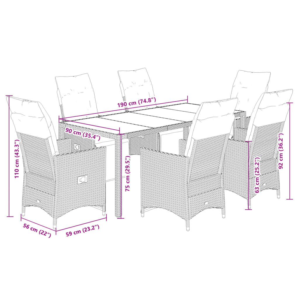 Set Bistrò da Giardino 7 pz con Cuscini in Polyrattan Grigio | homemem39