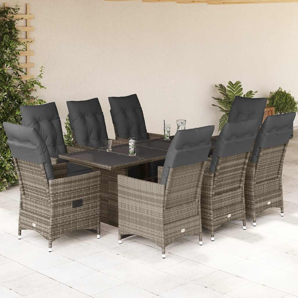 Set Bistrò da Giardino 9 pz con Cuscini in Polyrattan Grigio - homemem39