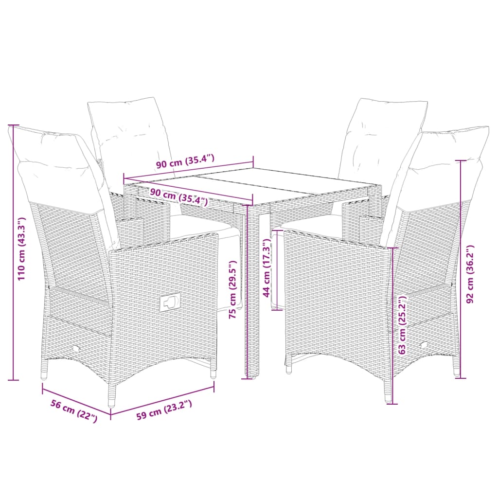 Set Bistrò da Giardino 5 pz con Cuscini in Polyrattan Marrone | homemem39