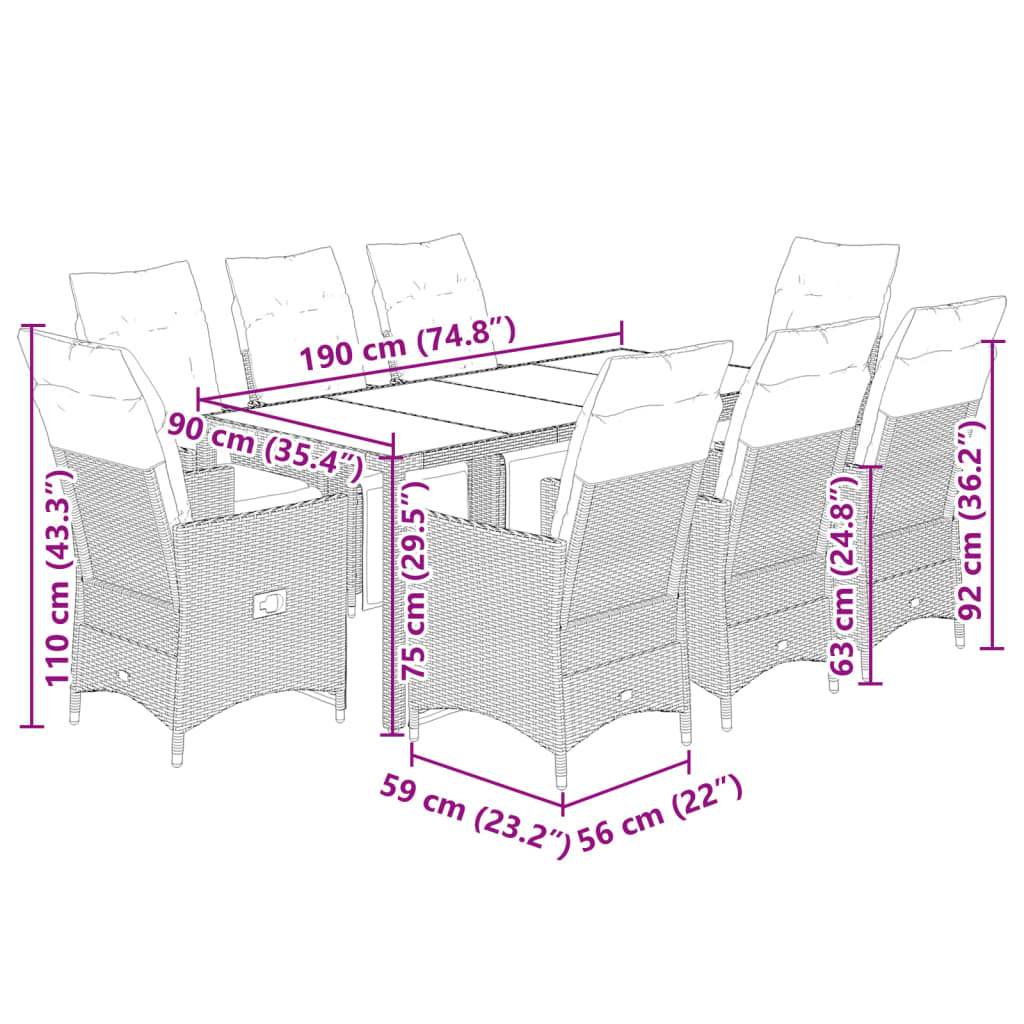 Set Bistrò da Giardino 9 pz con Cuscini in Polyrattan Marrone - homemem39