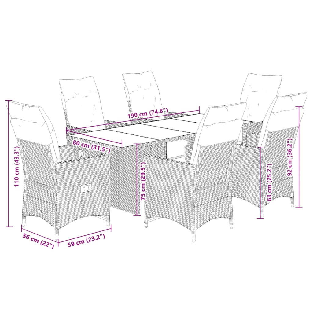 Set Bistrò da Giardino 7 pz con Cuscini in Polyrattan Marrone | homemem39