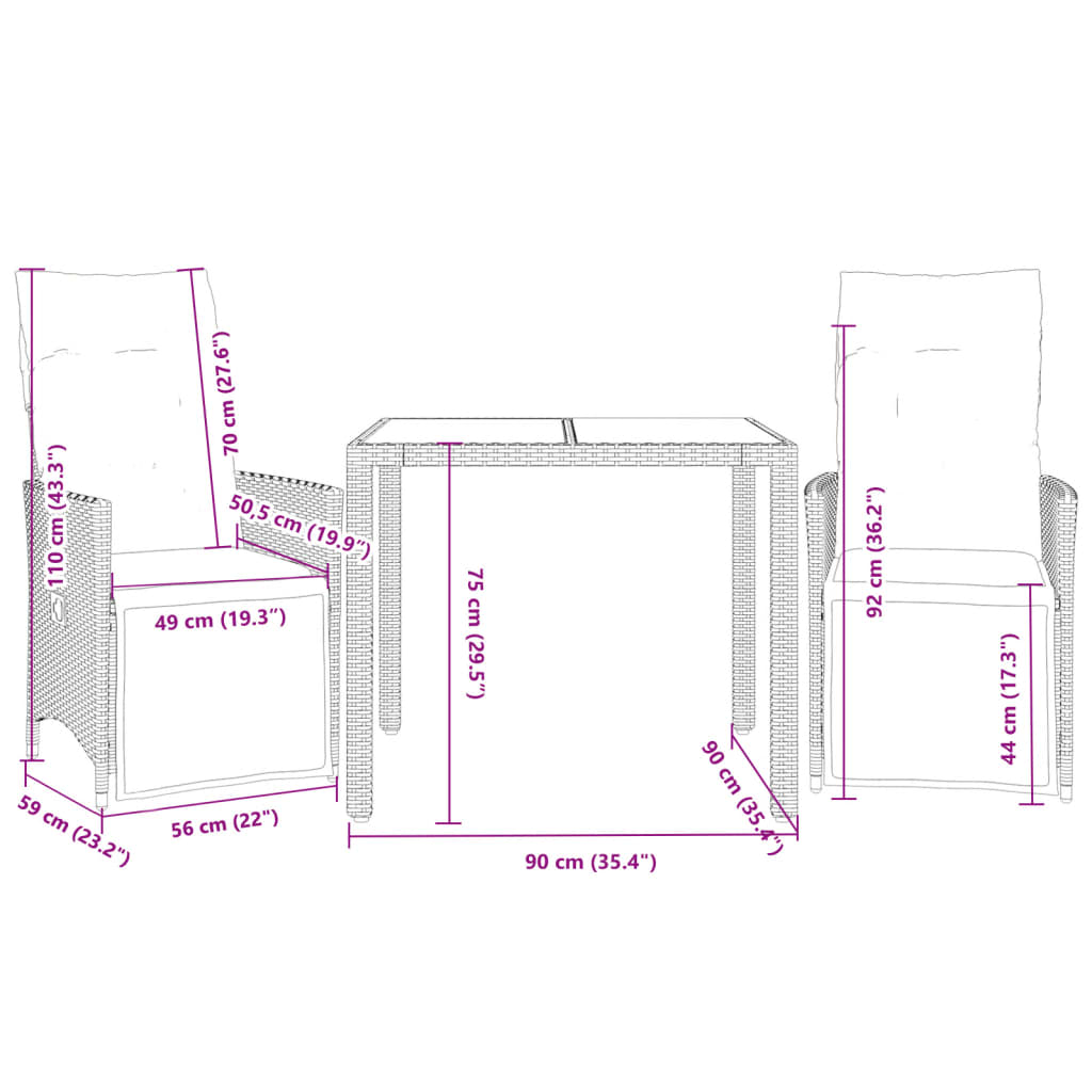 Set da Bistrò da Giardino 3 pz con Cuscini Beige in Polyrattan | homemem39