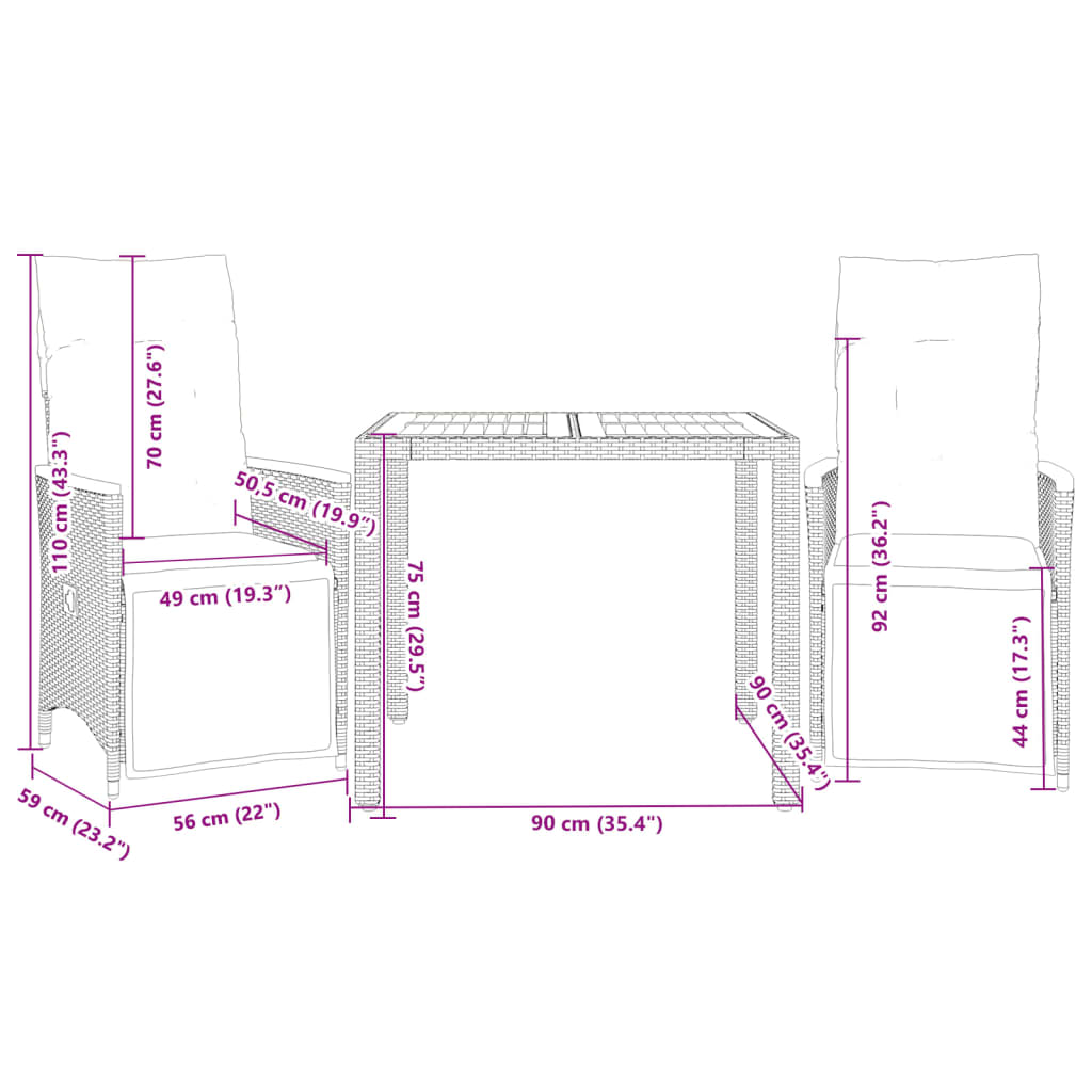 Set Bistrò da Giardino 3 pz con Cuscini in Polyrattan Nero | homemem39