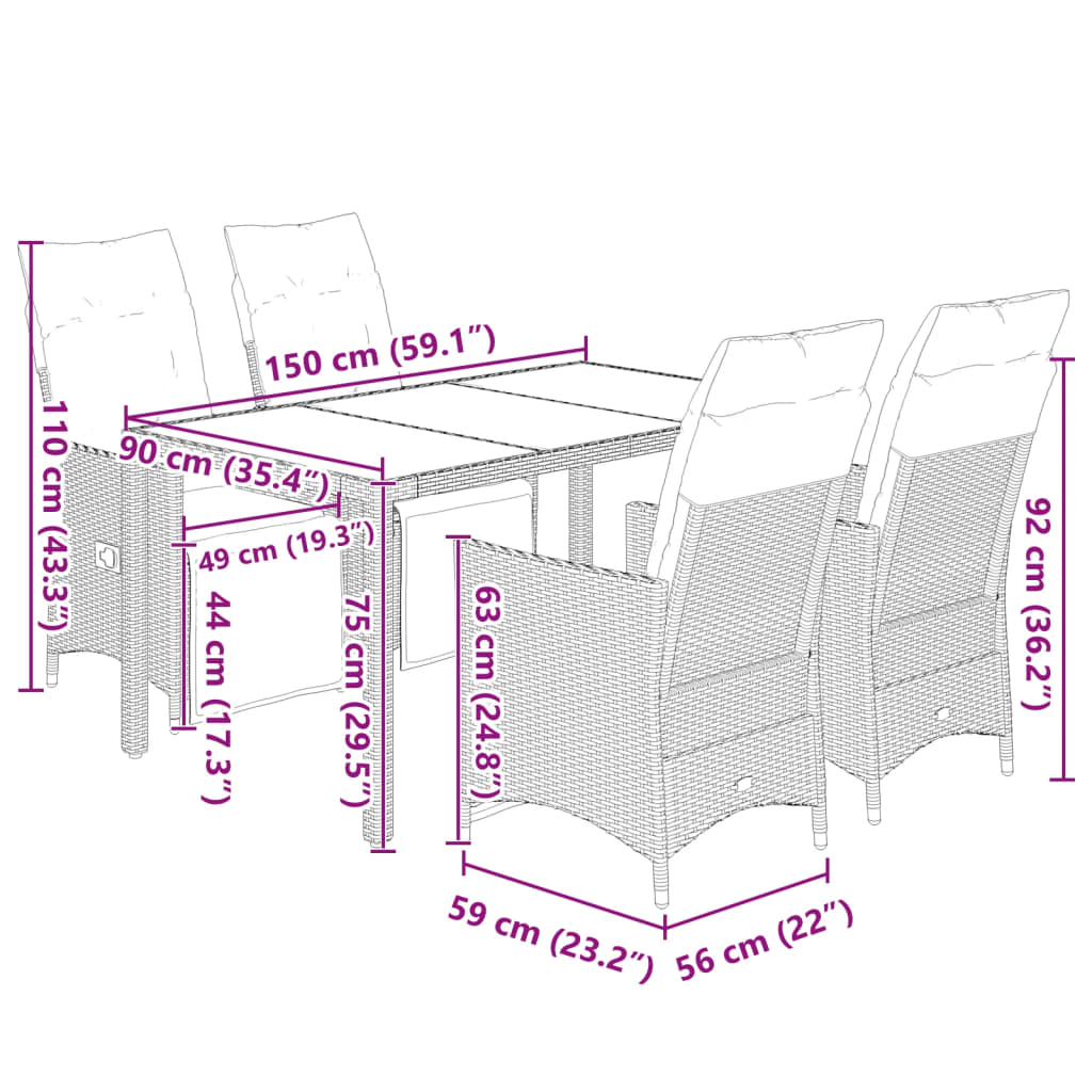 Set Bistrò da Giardino 5 pz con Cuscini in Polyrattan Nero | homemem39