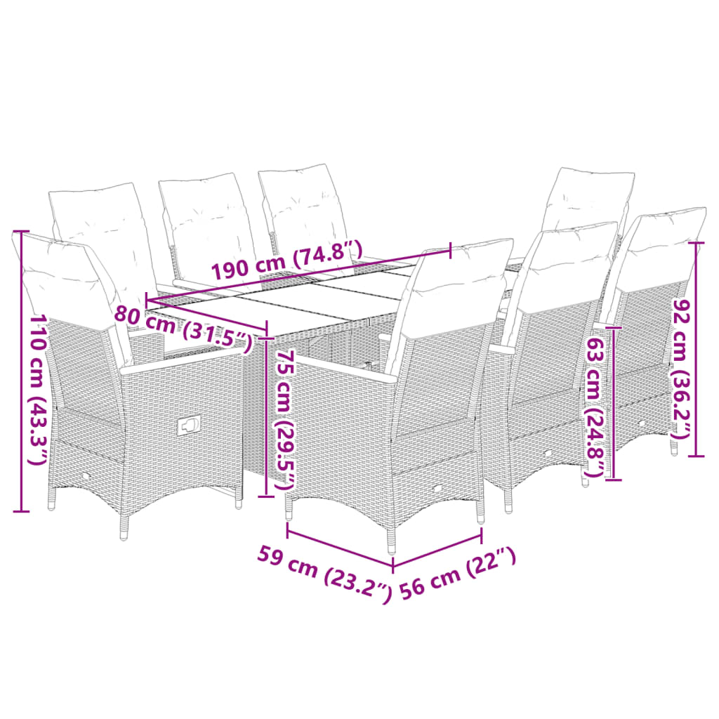 Set Bistrò da Giardino 9 pz con Cuscini in Polyrattan Grigio | homemem39
