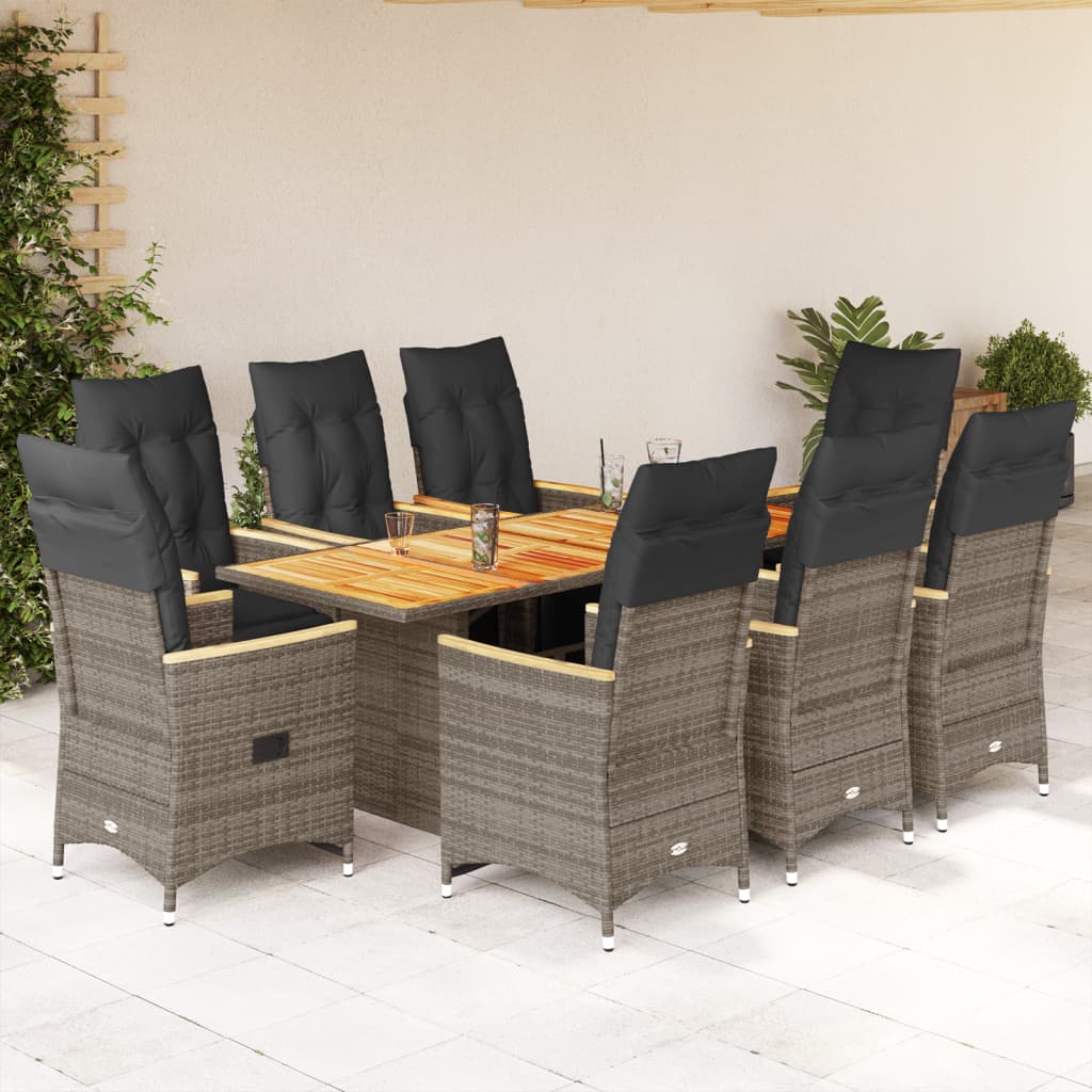 Set Bistrò da Giardino 9 pz con Cuscini in Polyrattan Grigio | homemem39