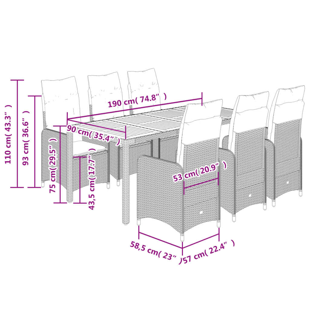 Set da Bistrò da Giardino 7 pz con Cuscini Nero in Polyrattan