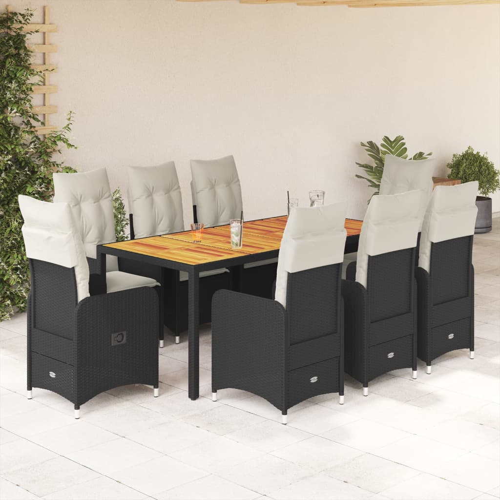 Set Bistrò da Giardino 9 pz con Cuscini in Polyrattan Nero