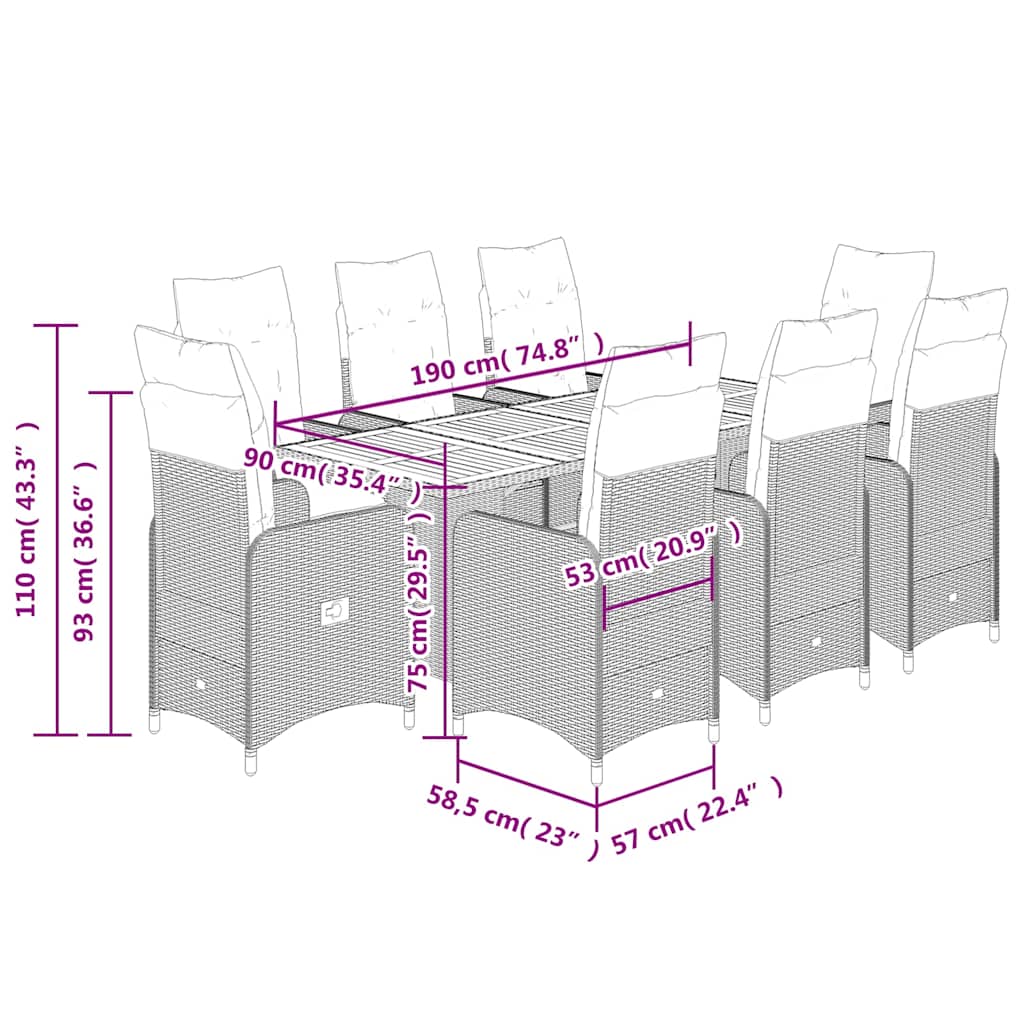 Set Bistrò da Giardino 9 pz con Cuscini in Polyrattan Nero - homemem39