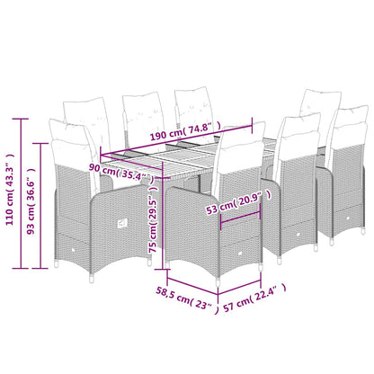 Set Bistrò da Giardino 9 pz con Cuscini in Polyrattan Nero - homemem39