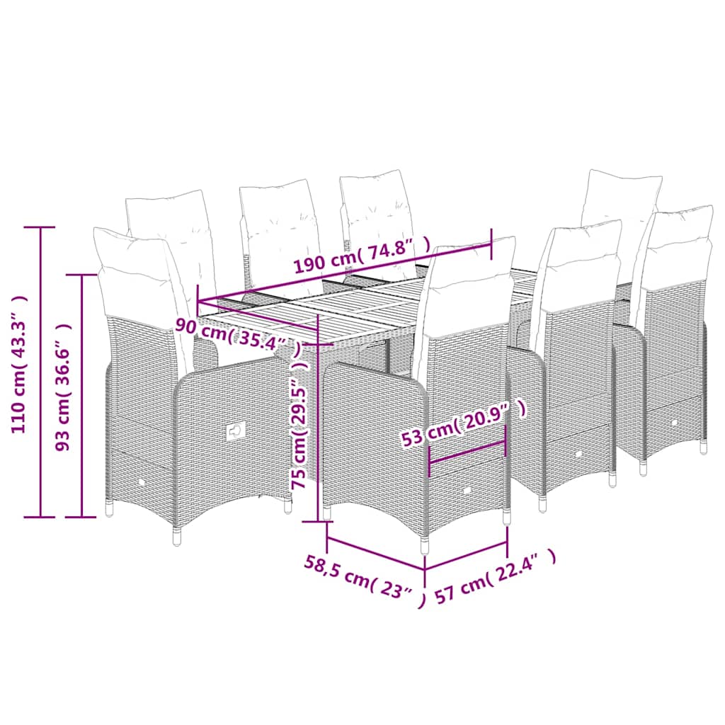 Set Bistrò da Giardino 9 pz con Cuscini in Polyrattan Nero - homemem39