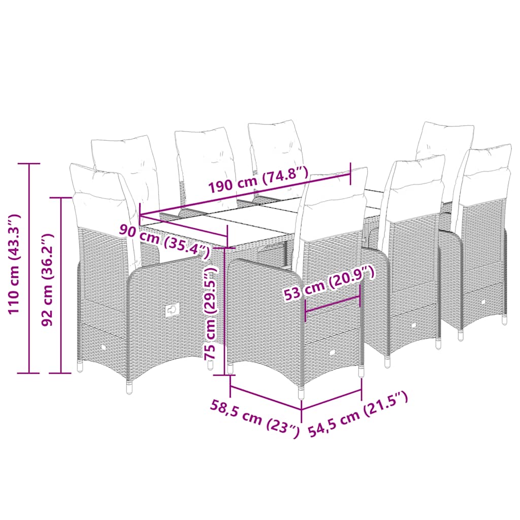 Set Bistrò da Giardino 9 pz con Cuscini in Polyrattan Nero - homemem39