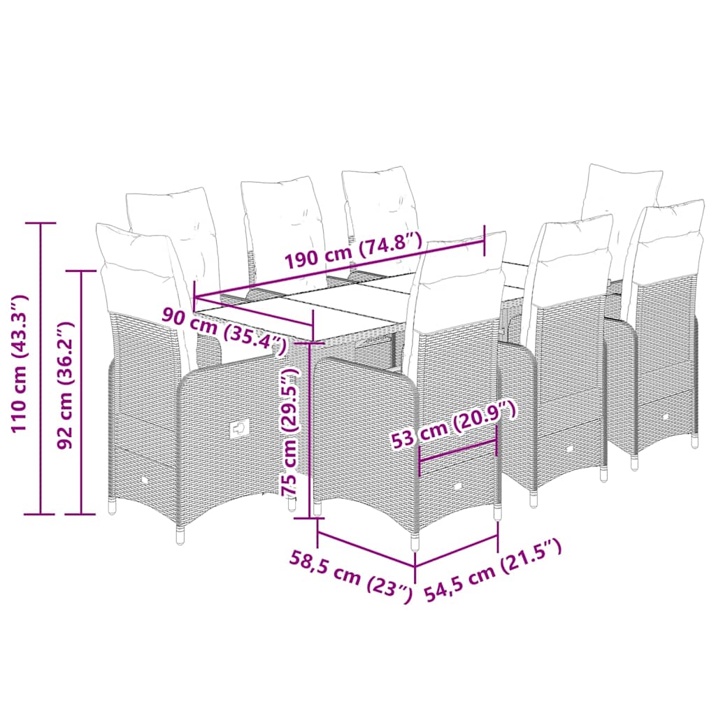 Set Bistrò da Giardino 9 pz con Cuscini in Polyrattan Nero | homemem39