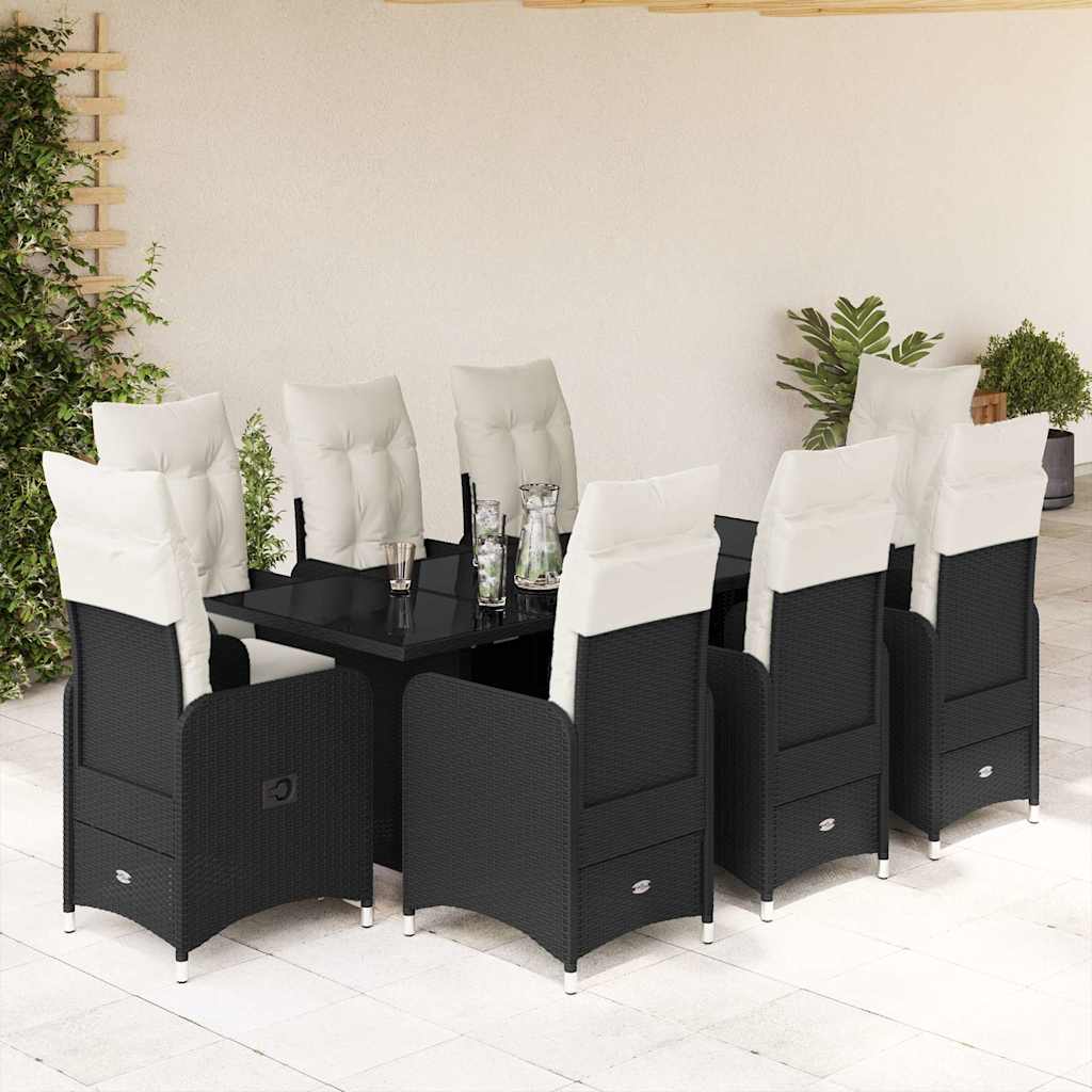 Set Bistrò da Giardino 9 pz con Cuscini in Polyrattan Nero | homemem39