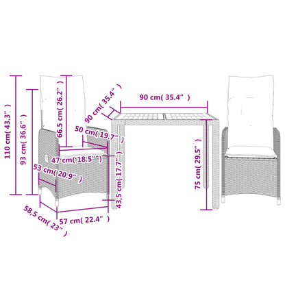 Set Bistrò da Giardino 3 pz con Cuscini in Polyrattan Grigio