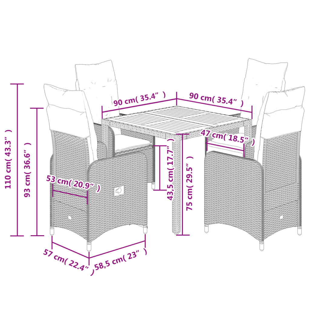 Set Bistrò da Giardino 5 pz con Cuscini in Polyrattan Grigio