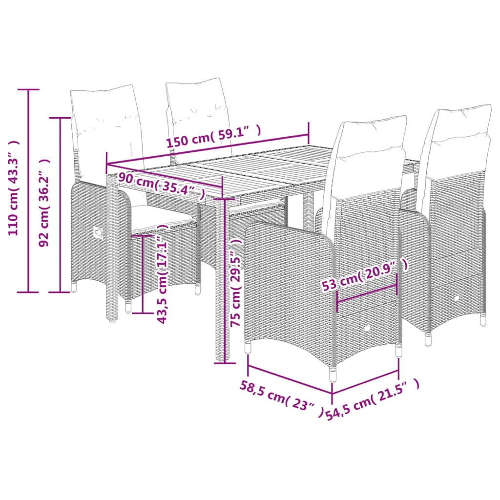 Set Bistrò da Giardino 5 pz con Cuscini in Polyrattan Grigio