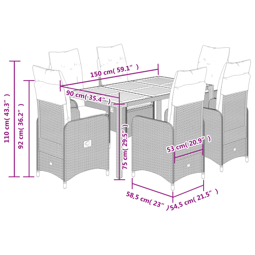 Set Bistrò da Giardino 7 pz con Cuscini in Polyrattan Grigio