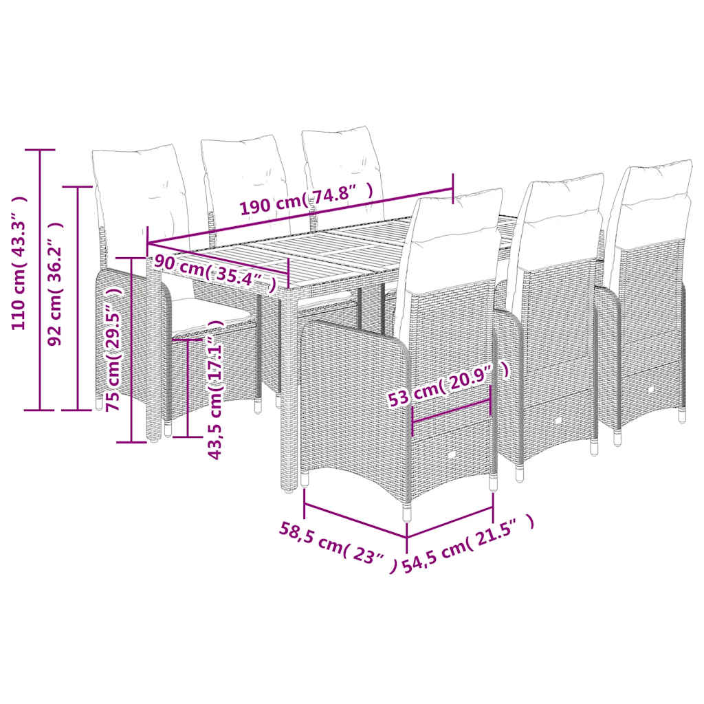 Set Bistrò da Giardino 7 pz con Cuscini in Polyrattan Grigio - homemem39