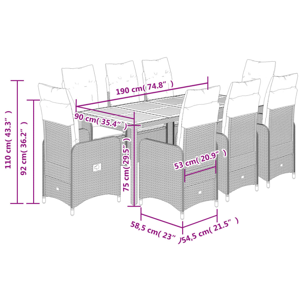 Set Bistrò da Giardino 9 pz con Cuscini in Polyrattan Grigio