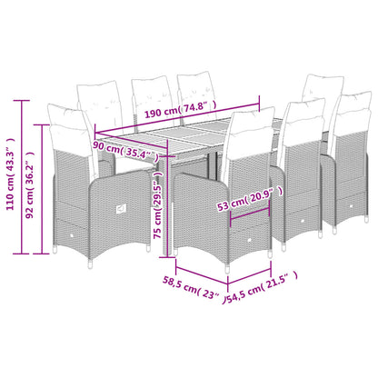 Set Bistrò da Giardino 9 pz con Cuscini in Polyrattan Grigio