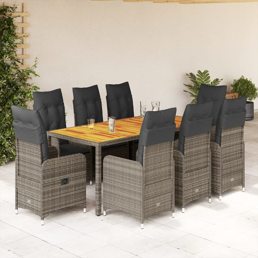 Set Bistrò da Giardino 9 pz con Cuscini in Polyrattan Grigio