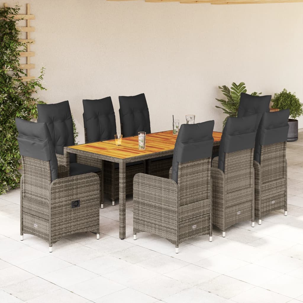 Set Bistrò da Giardino 9 pz con Cuscini in Polyrattan Grigio