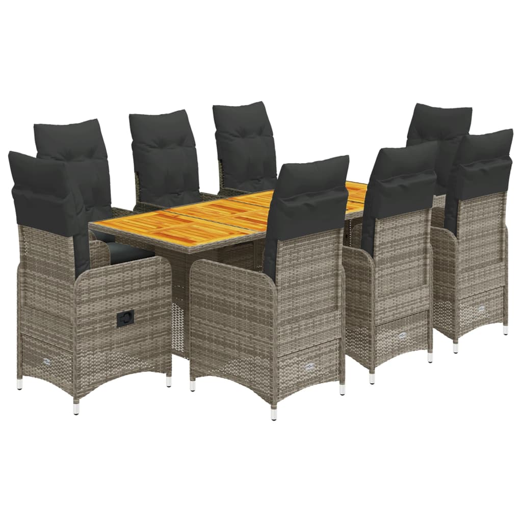 Set Bistrò da Giardino 9 pz con Cuscini in Polyrattan Grigio