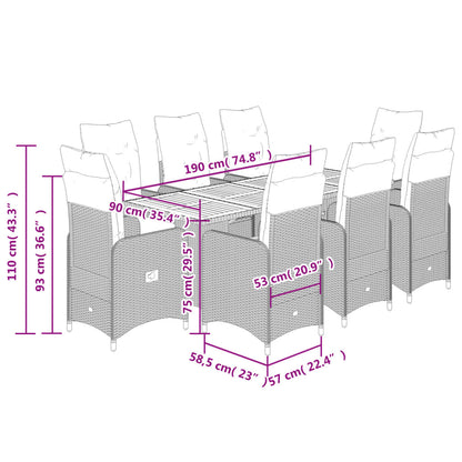 Set Bistrò da Giardino 9 pz con Cuscini in Polyrattan Grigio