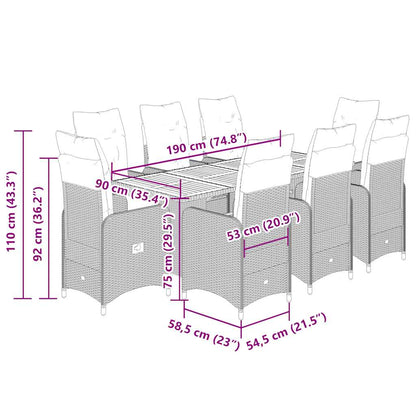 Set Bistrò da Giardino 9 pz con Cuscini in Polyrattan Grigio - homemem39