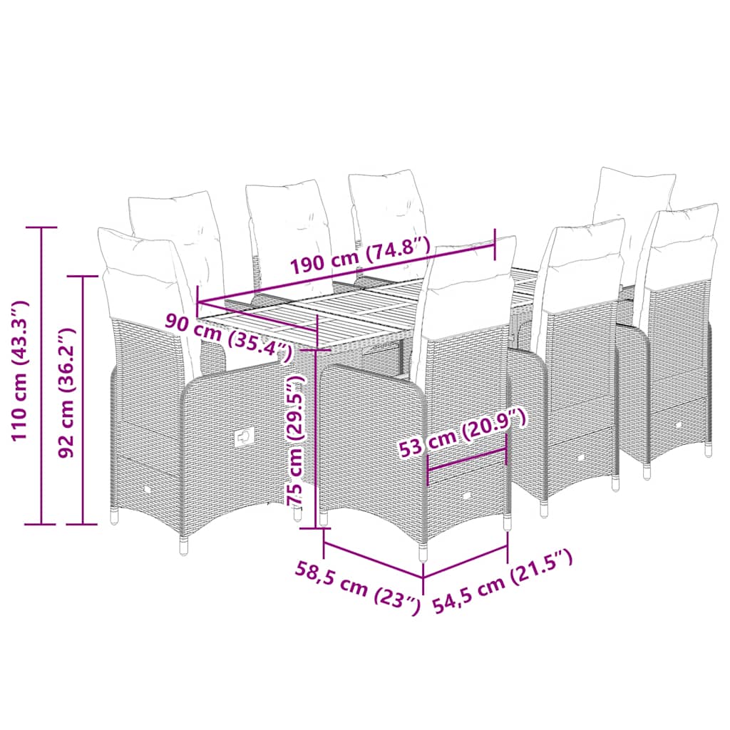 Set Bistrò da Giardino 9 pz con Cuscini in Polyrattan Grigio | homemem39