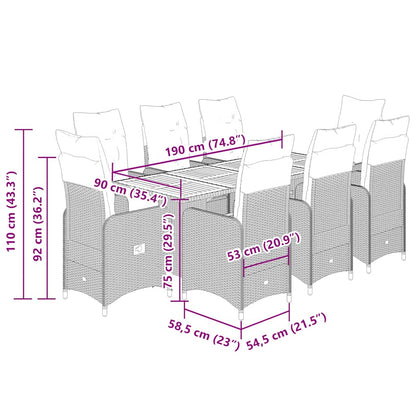 Set Bistrò da Giardino 9 pz con Cuscini in Polyrattan Grigio | homemem39