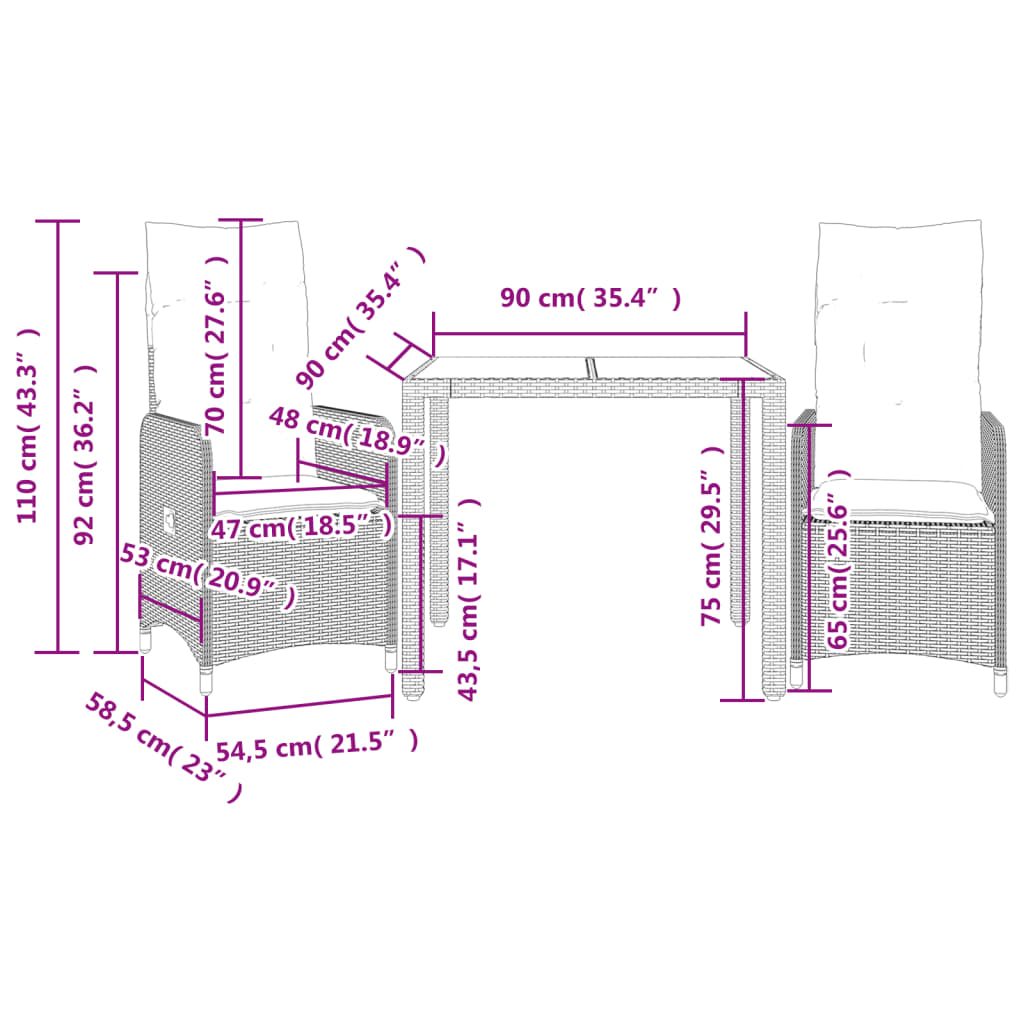 Set Bistrò da Giardino 3 pz con Cuscini in Polyrattan Grigio