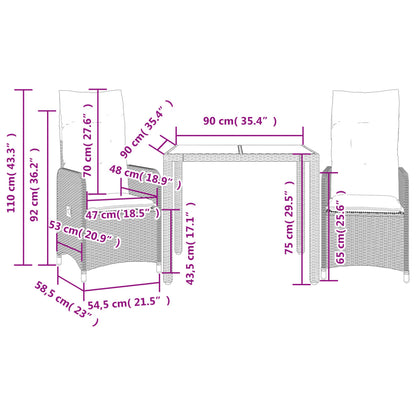 Set Bistrò da Giardino 3 pz con Cuscini in Polyrattan Grigio