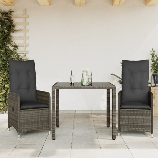 Set Bistrò da Giardino 3 pz con Cuscini in Polyrattan Grigio