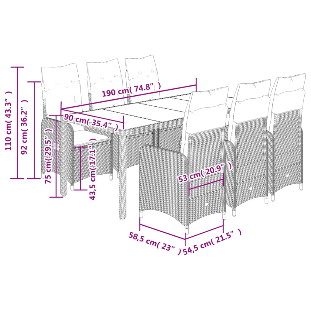 Set Bistrò da Giardino 7 pz con Cuscini in Polyrattan Grigio